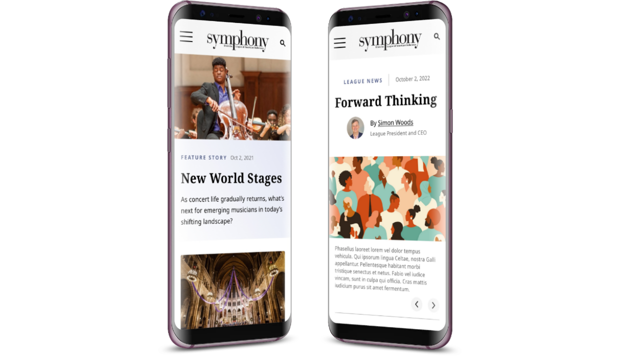 Two cell phones, each displaying a different page from the Symphony website.